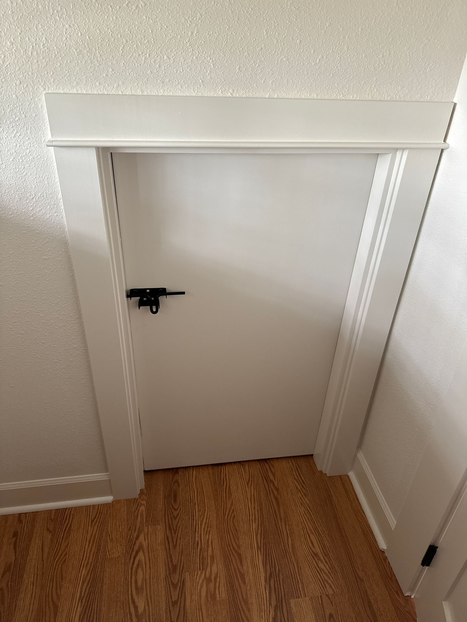 Short white door in a wall with a black handle, viewed above a wood floor.