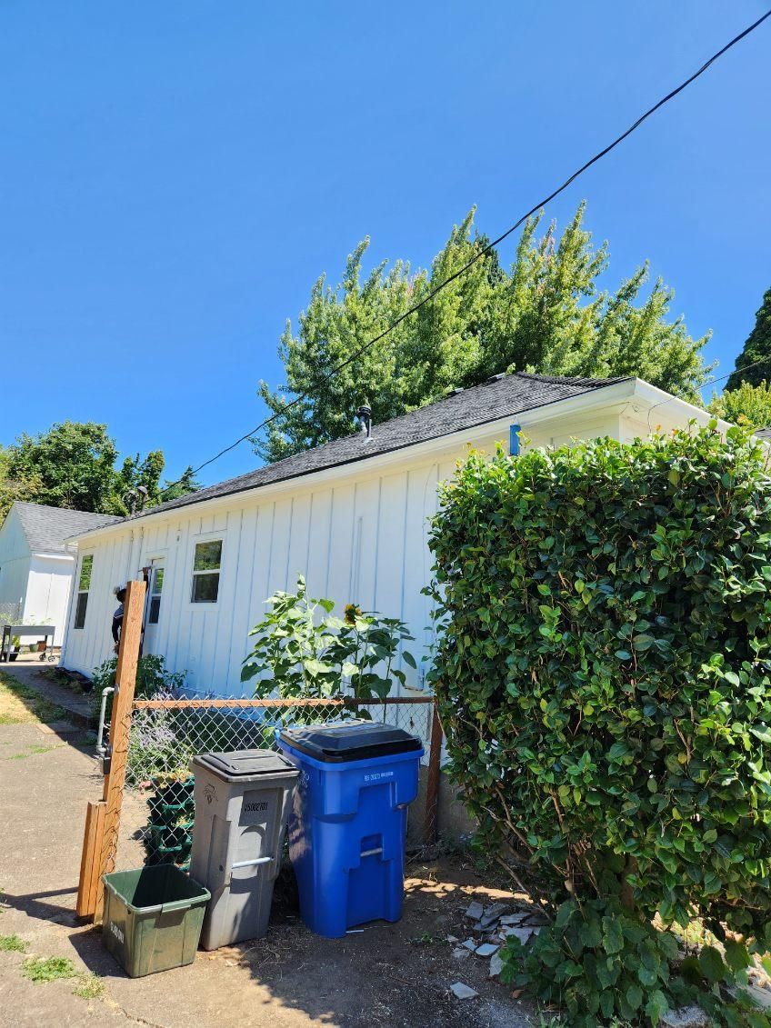 White garage with hedges, blue bins, and potted plants under a bright blue sky.