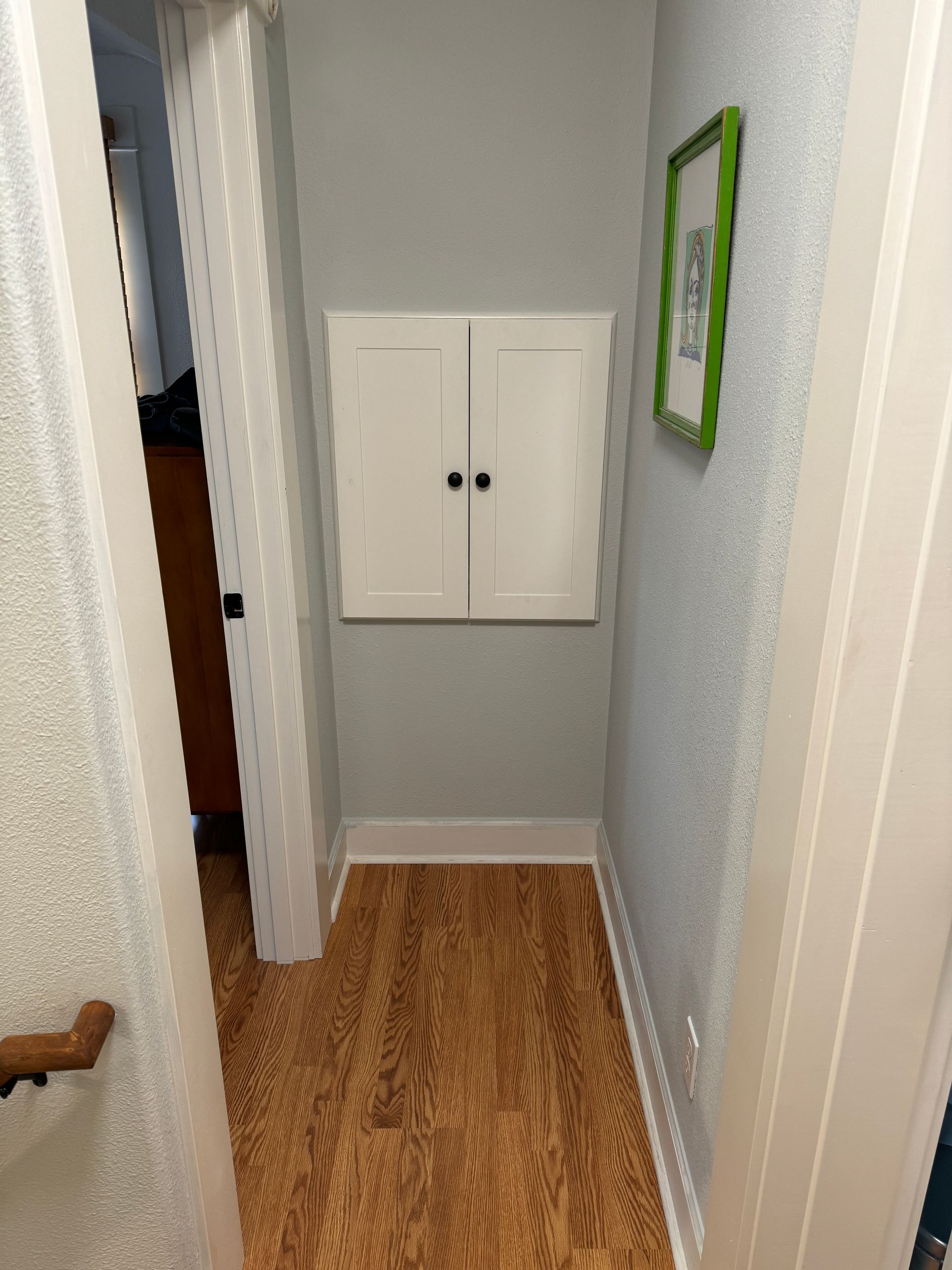 Narrow hallway with white doors, wood floor, and a wall-mounted cabinet at the end.