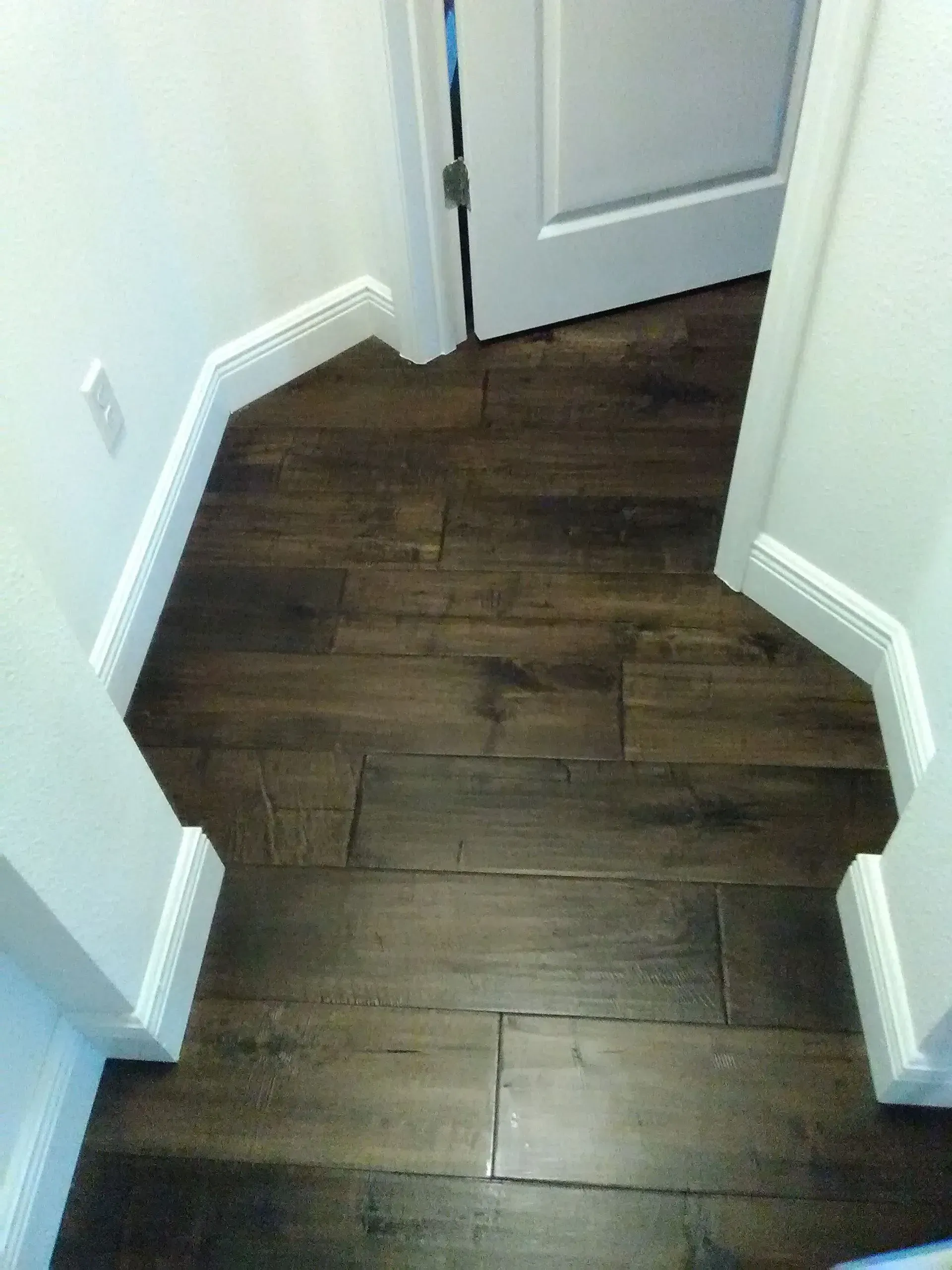 Dark wood flooring in a hallway with white molding and a closed white door in the background.