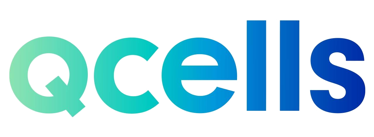 A blue and green logo for qcells on a white background.