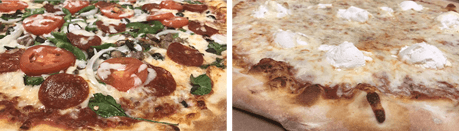 A close-up of a pizza with tomatoes and spinach and a close-up of a pizza with cheese.