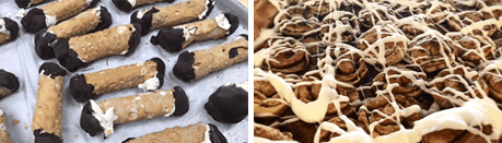 Two pictures of cannoli and cinnamon rolls on a table.