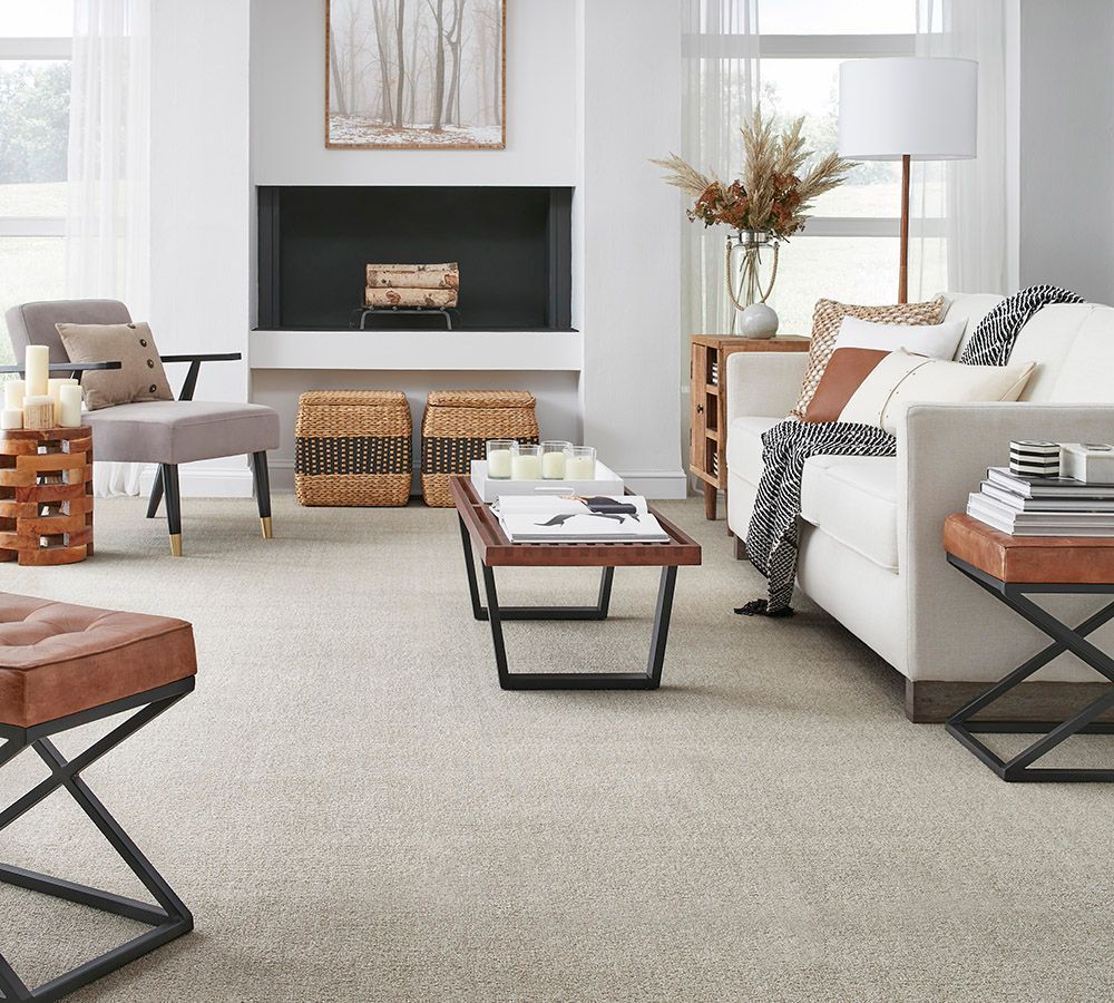 Cozy living room with beige carpet, white sofa, dark accents, and fireplace.