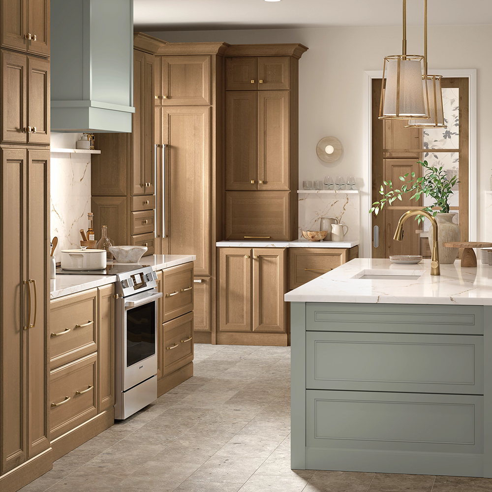 A modern kitchen with light brown cabinets, stainless steel appliances, and a light blue island.