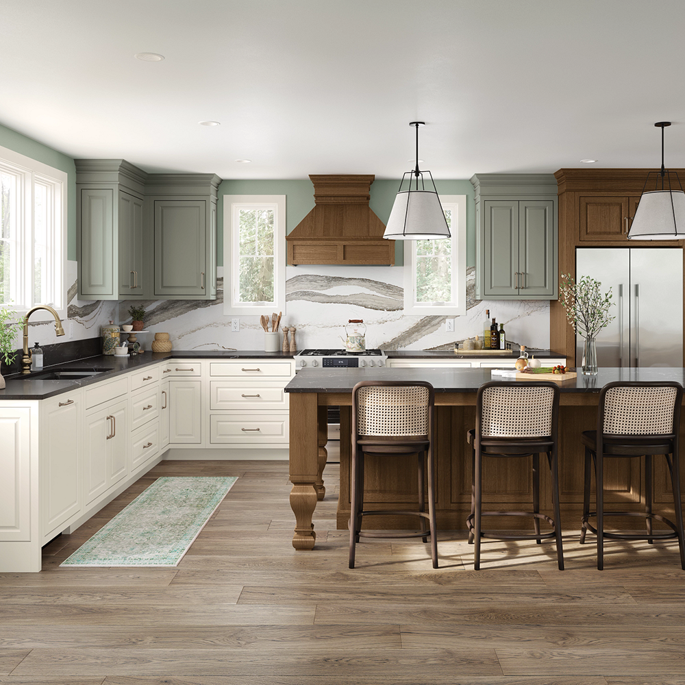 Spacious kitchen with wood and painted cabinets, marble backsplash, island with stools, and light-colored floors.