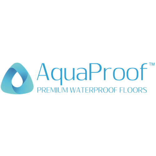 AquaProof logo: blue abstract water droplet, text 