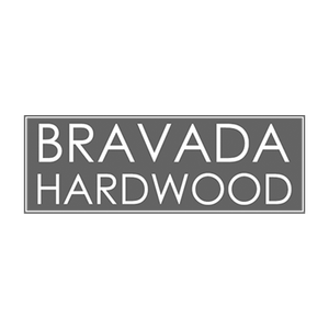 Bravada Hardwood logo in white text on a gray rectangular background.