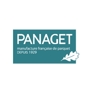 Logo for Panaget, a French parquet manufacturer since 1929; features teal square, white text, and oak leaf.