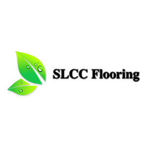 Logo for SLCC Flooring with green leaves and text.