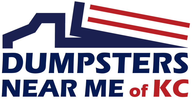 Logo for Dumpsters Near Me of KC; dark blue truck graphic with red and white stripes; blue text on white background.