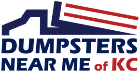 Logo for Dumpsters Near Me of KC; dark blue truck graphic with red and white stripes; blue text on white background.