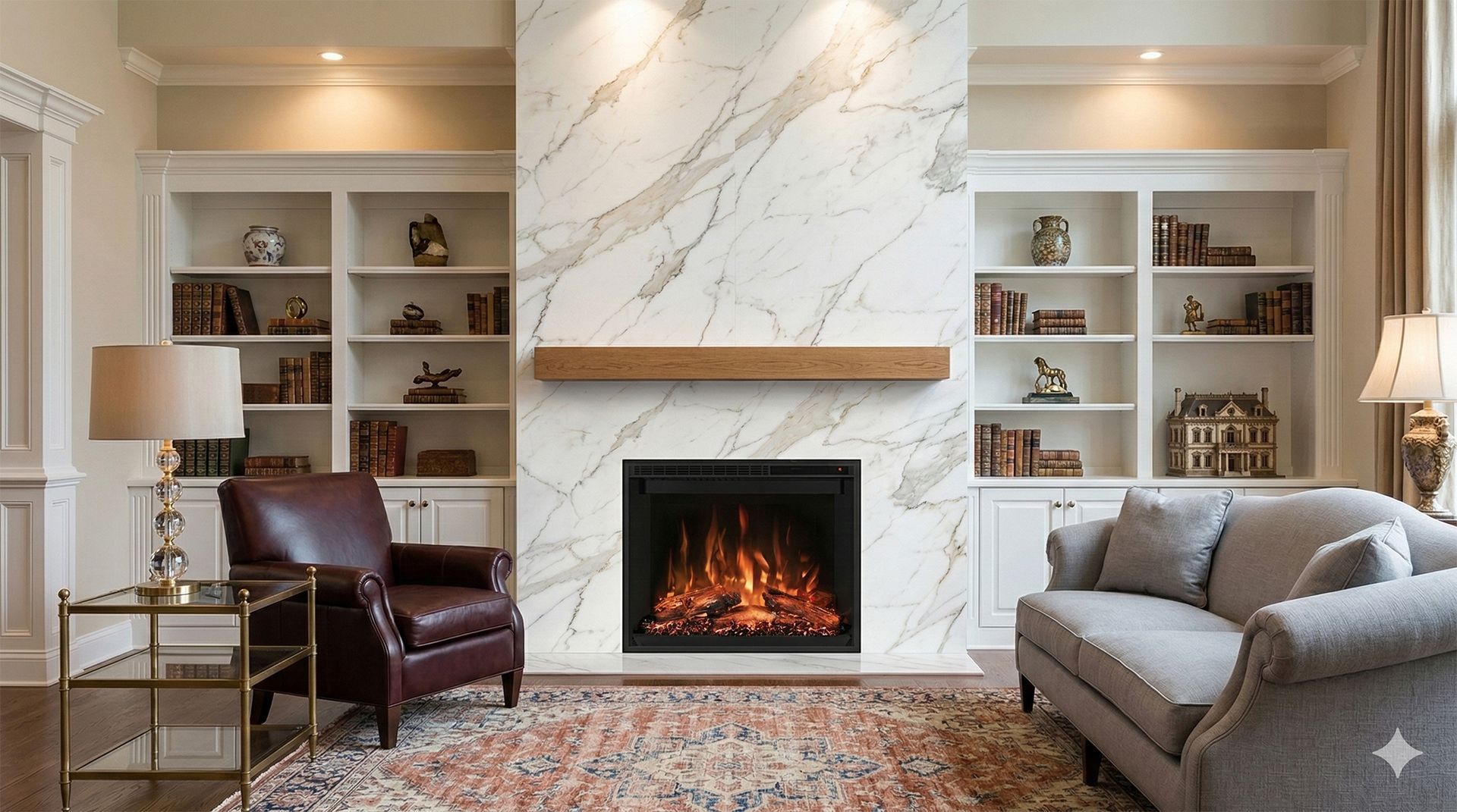 Living room with a marble fireplace, wood mantel, built-in shelves, a dark leather armchair, and a grey sofa.