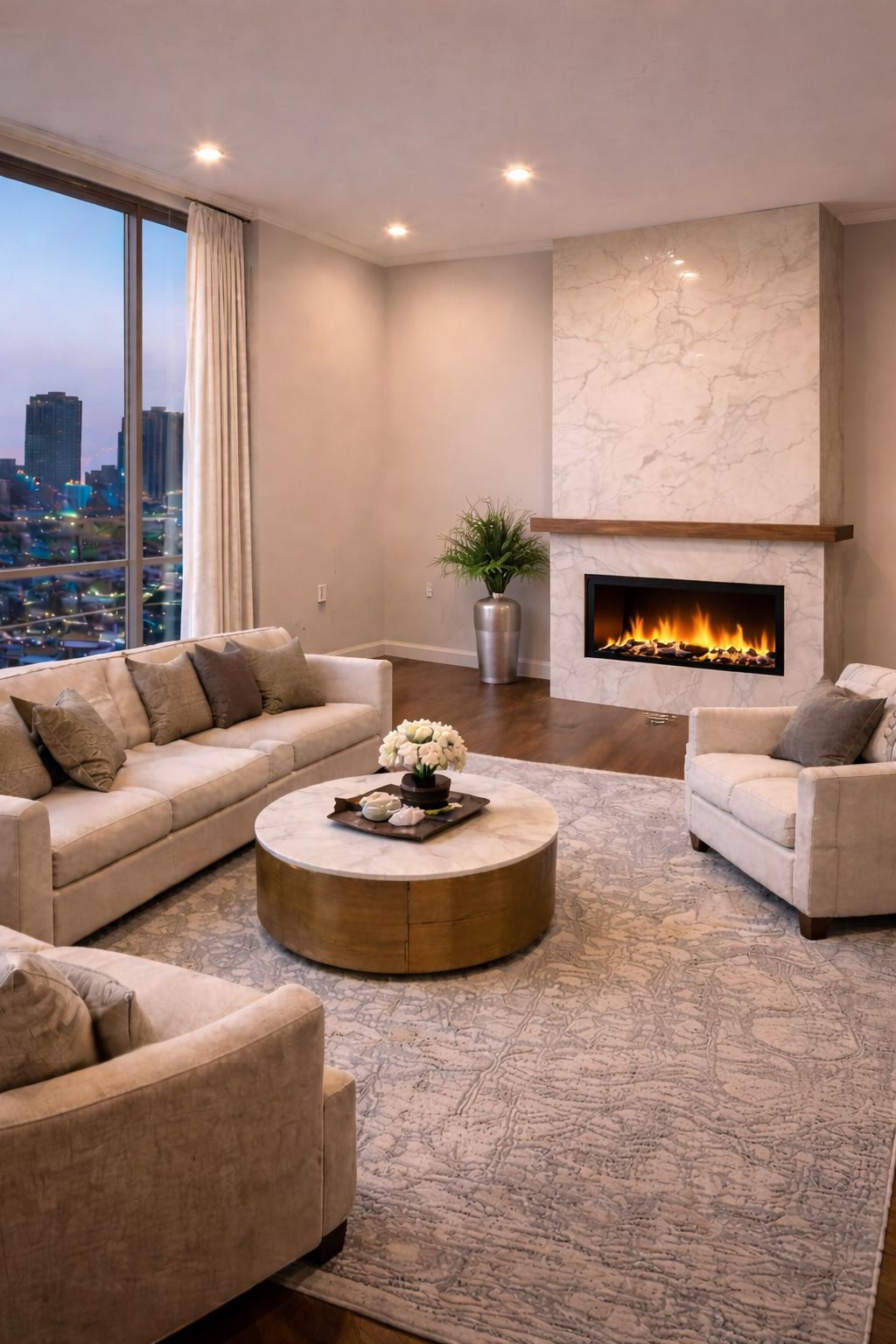 A modern living room with cream sofas, a round gold coffee table, a marble fireplace, and a city view through tall windows.