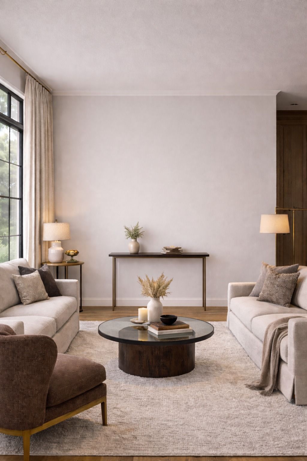 A neutral-toned living room featuring two sofas, a brown armchair, a glass coffee table, and a console table.