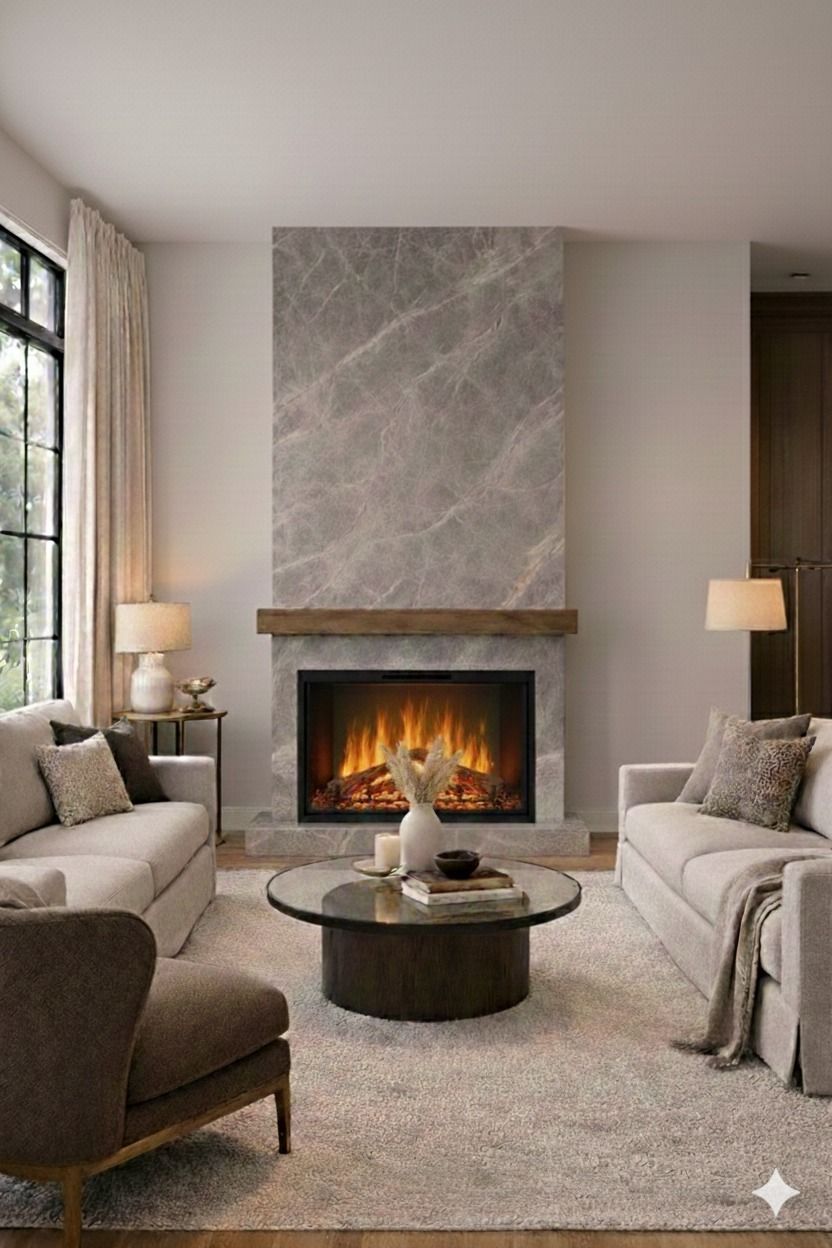A cozy living room features a marble fireplace, two neutral sofas, a round coffee table, and an accent chair on a rug.