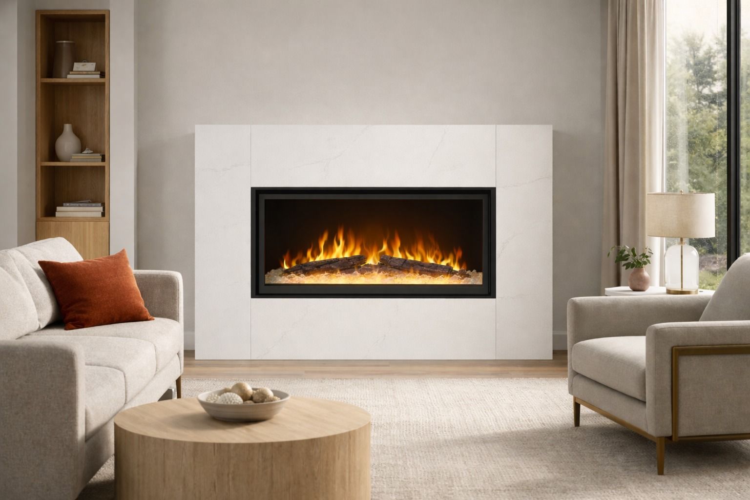 A modern living room with a white fireplace surround, lit electric fireplace, light gray sofa, armchair, and bookshelf.