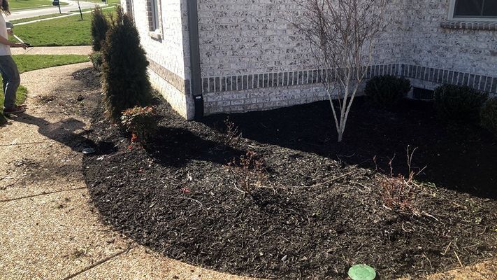Person mulching a dark-colored bed around a building; dark mulch contrasts with light-colored sidewalk and house.
