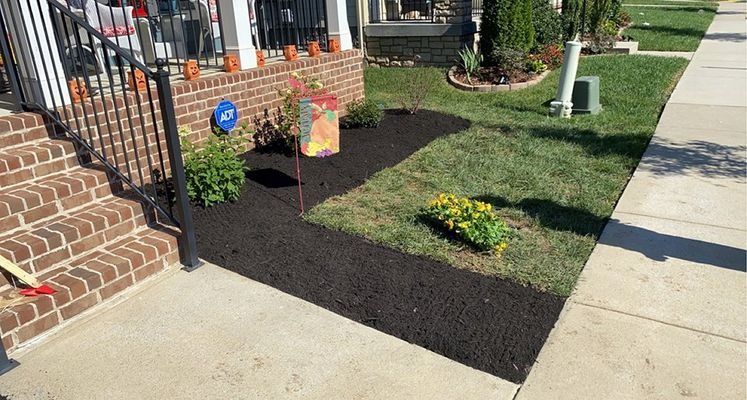Front yard with steps, lawn, and mulch beds. Brick house with plants and security sign.