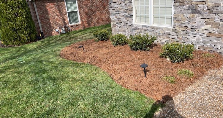 Green lawn with a landscaped bed of mulch and shrubs beside a brick and stone house.