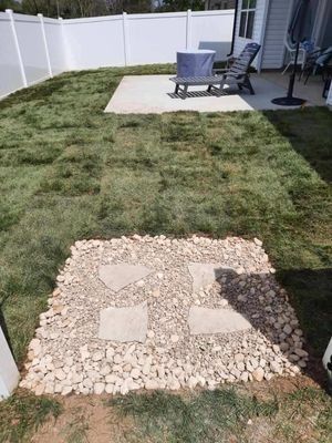 Backyard with patio, stepping stones, rocks, and new sod lawn, with a white fence in the background.