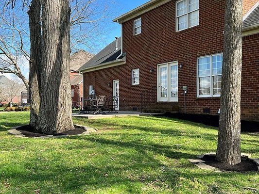 Backyard with a brick house, patio furniture, grass, and two trees with mulch beds.
