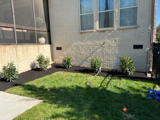 Backyard with grass and shrubs, next to a brick wall and a sunroom.