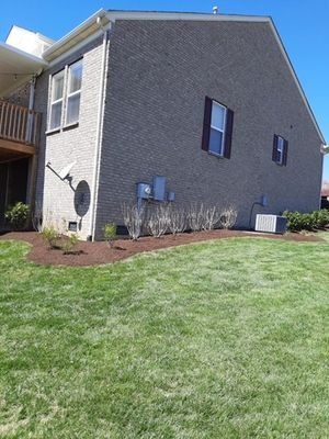 Brick house exterior with lawn, landscaping, and clear sky.