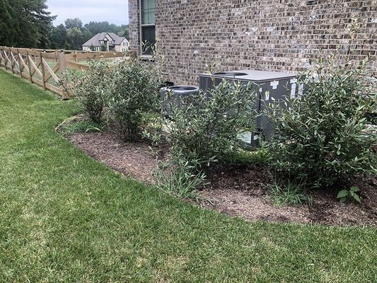 Green bushes line a brick wall next to an air conditioning unit; a wooden fence and grass are also visible.
