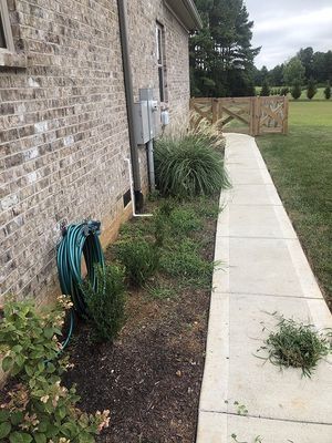 Brick house exterior with pathway, landscaping, and hose.