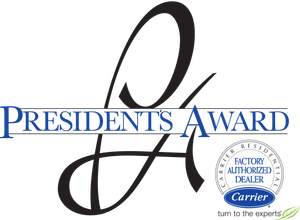 A President's Award logo for a Carrier Factory Authorized Dealer with a blue and black design on a white background.