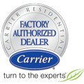 Carrier Residential Factory Authorized Dealer logo featuring blue text and a green leaf graphic.