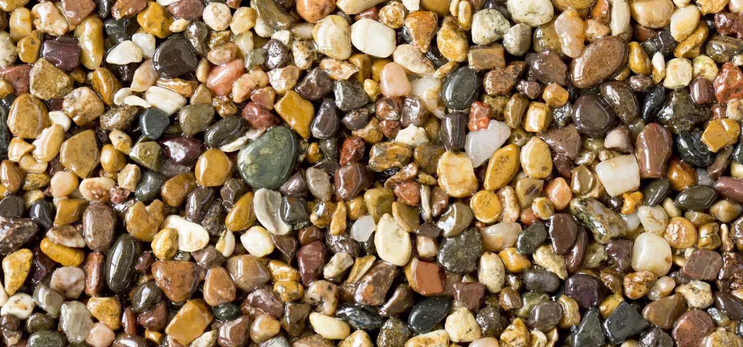 A close-up of a mix of small, smooth pebbles in various shades of brown, tan, gray, and white.