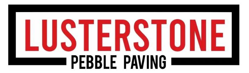 Logo for Lusterstone Pebble Paving in red text with black border. Below reads "PEBBLE PAVING" in black text.