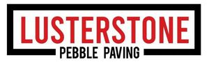 Logo for Lusterstone Pebble Paving in red text with black border. Below reads "PEBBLE PAVING" in black text.