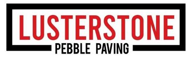 Logo for Lusterstone Pebble Paving in red text with black border. Below reads "PEBBLE PAVING" in black text.