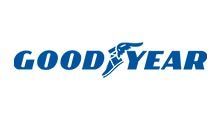 Goodyear logo: Blue text and winged foot graphic on a white background.