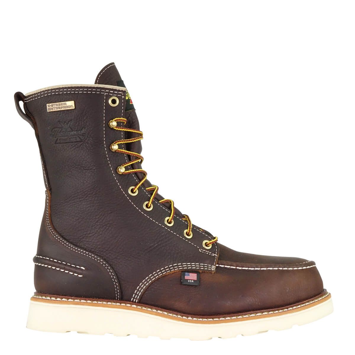 A pair of brown work boots with yellow laces on a white background