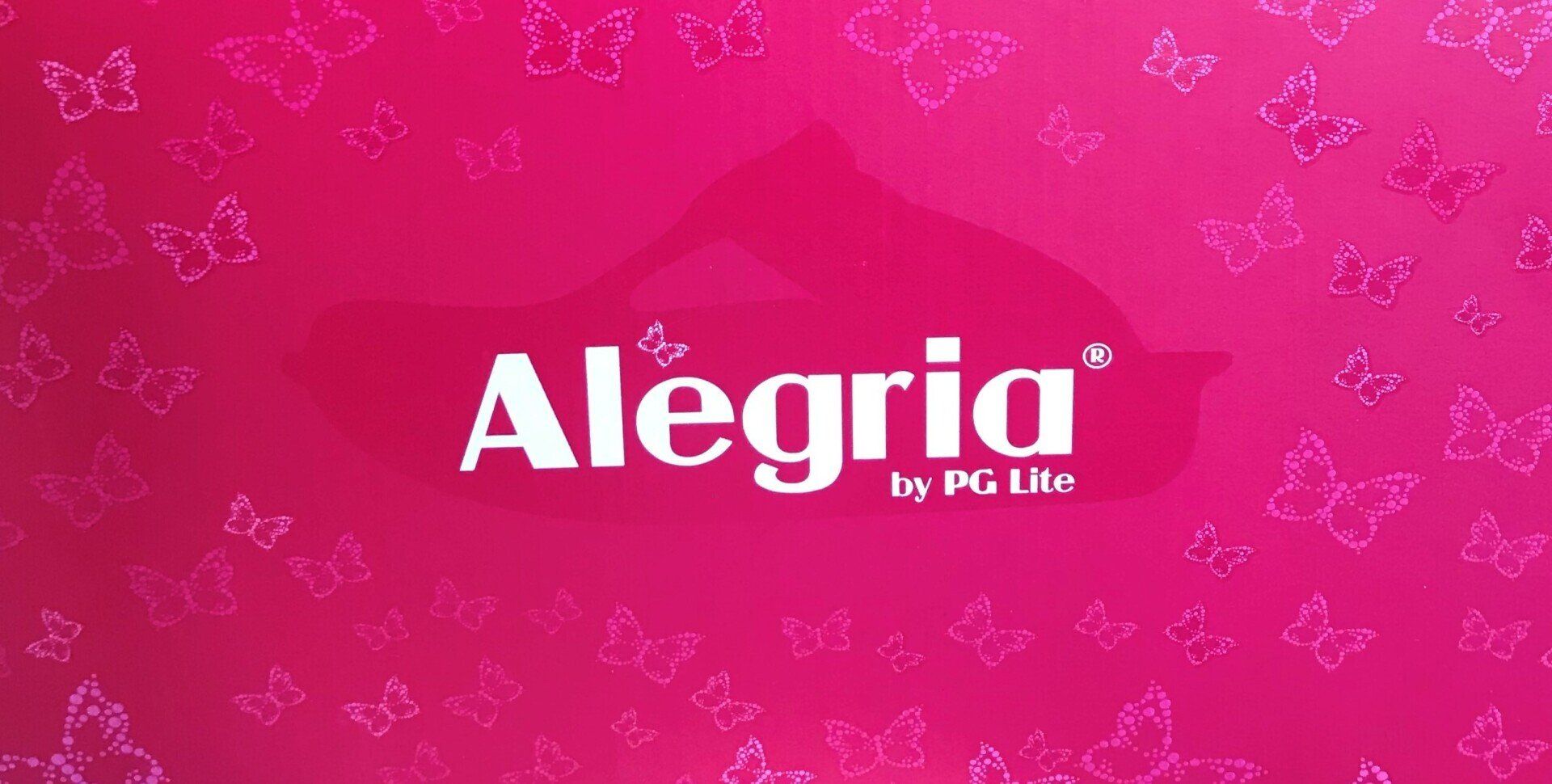 The logo for alegria is on a pink background with butterflies.