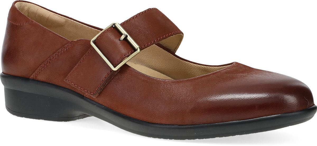 A pair of brown shoes with a buckle on the side on a white background.