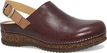 A close up of a pair of brown leather clogs on a white background.