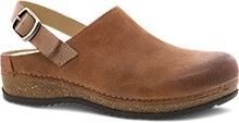 A pair of brown clogs with a buckle on the strap on a white background.