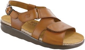 A pair of brown leather sandals on a white background.