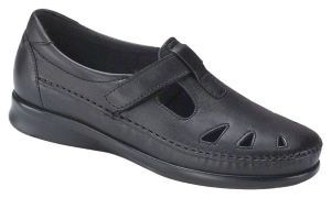 A pair of black shoes with holes in them on a white background.