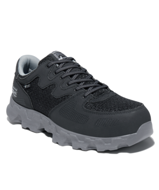 A pair of black and gray safety shoes on a white background.