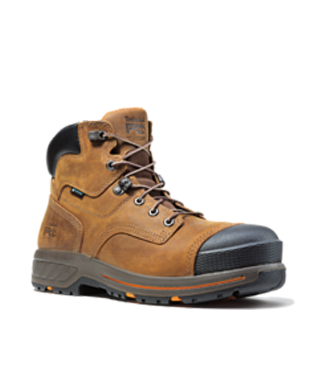 A pair of brown timberland work boots on a white background.