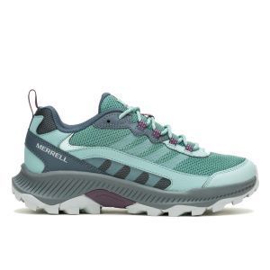 A pair of green and purple merrell shoes on a white background.