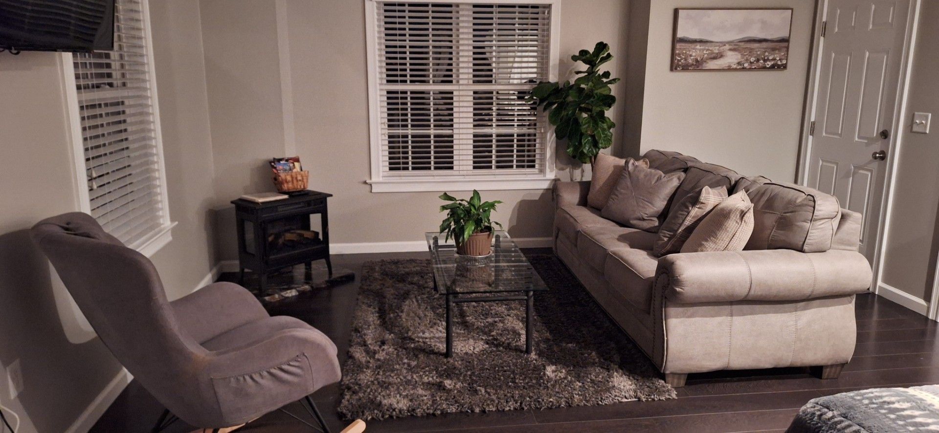 Cozy living room with gray sofa, patterned rug, armchair, side table, plants, and white shutters