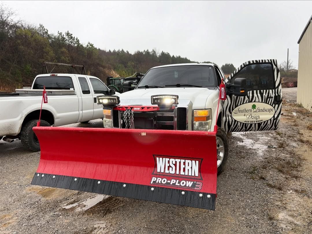 White pickup truck with red snowplow, parked near another truck, cloudy day.