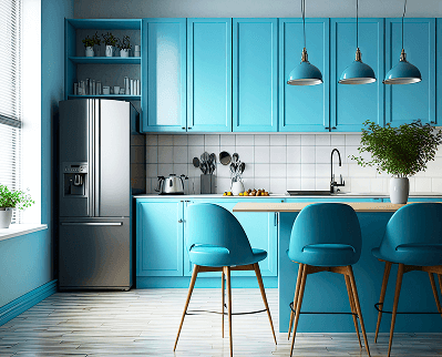 Modern blue kitchen with island stools, stainless fridge, pendant lights, and white countertops